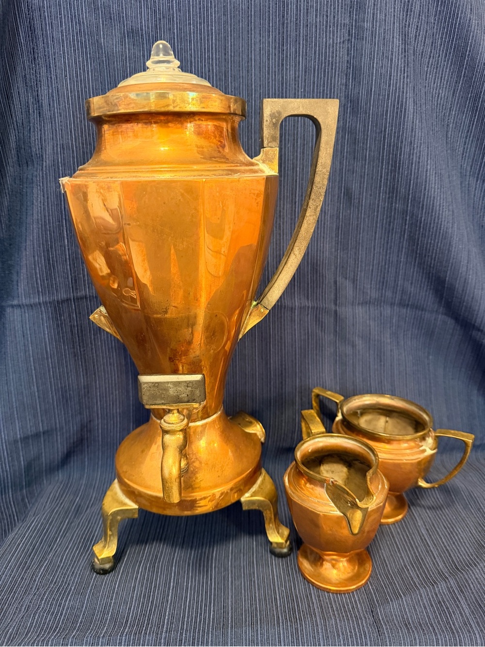 Vintage Art Deco Copper Coffee Urn with Creamer and Sugar - Copper Tone